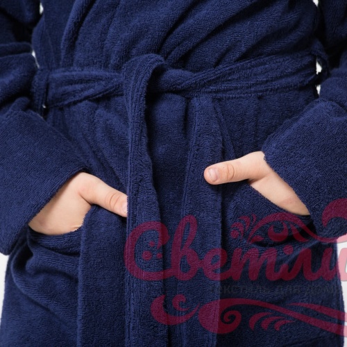 Подростковый классический махровый халат с шалькой (Темно-синий)